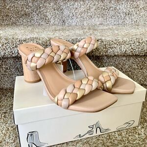 New Metallic Beige & Gold Braided Block Basil Mule Heels Open Toe Sandals